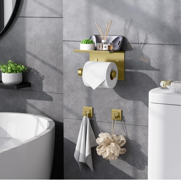 NIB Tindbea gold toilet paper holder with phone shelf and towel rope hooks - Picture 8 of 11